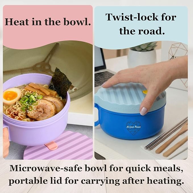 AI LOVE PEACE Ramen Bowls, 40 oz Large Microwavable Noodle Bowls (1 Blue, 1 Purple) with Chopsticks, Sporks, and Utensil Bag, Portable Microwave Bowl for Home, Office, Dorm, or College Gift.