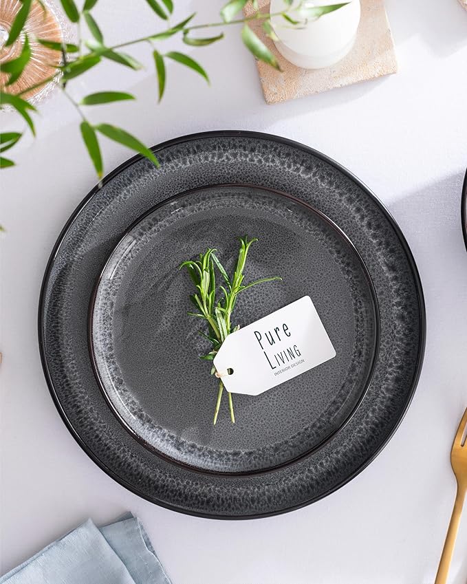 PURE LIVING INTERIOR DESIGN Stoneware Dinner Plates Set of 2, Large Dark Gray Tableware, Stylish & Durable, Dishwasher, Microwave & Scratch-Resistant