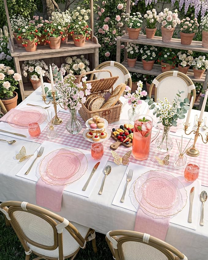 bUCLA 40PCS Clear Pink and Gold Plastic Plates - Fancy Pink Hammered with Gold Lace-Edge Disposable Plates - Include 20 Each (10inch Dinner & 7inch Dessert) Plates for Party, Birthday & Wedding