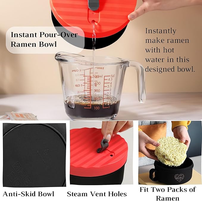 AI LOVE PEACE Ramen Bowls, 40 oz Large Microwavable Noodle Bowls (2 Red) with Wooden Utensils, Chopsticks, and Utensil Bag, Portable Microwave Bowl for Home, Office, Dorm, or College Gift.
