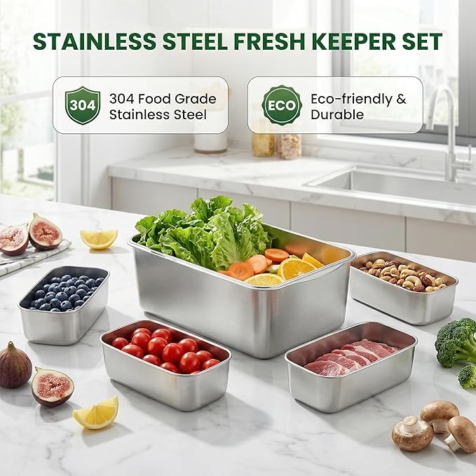 Extra Large 304 Stainless Steel Food Storage with 6 Divided Compartments & Individual Lids–240oz Meal Prep Container for Roasting Turkey, Bread, Fruits–Oven Safe, BPA Free, Dishwasher Safe