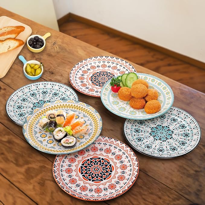 Foraineam 8 Pieces 8 Inch Round Porcelain Salad Plates, Decorative Appetizer Plates Dessert Dishes, Colorful Floral Serving Dishes for Luncheon, Steak, Fruit, Snack, Microwave and Dishwasher Safe