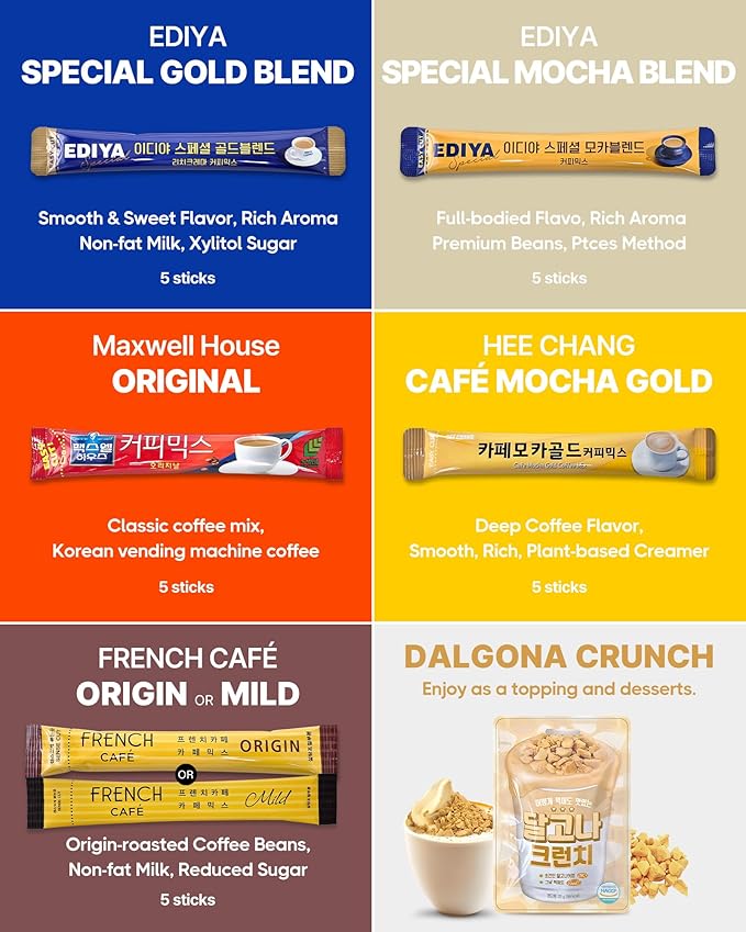 CUTIE MANGO Korea Mix Coffee 25 Sticks + Dalgona Crunch | Korean Favorite Instant Coffee Sampler Assortment Packet 5 Flavors (5 Sticks Each) | Chunk Sweet Dalgona Topping Home Camping Party Office
