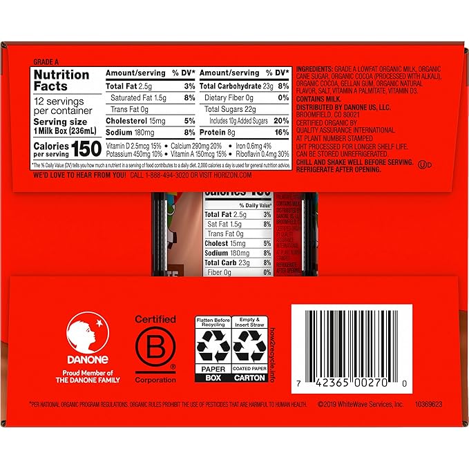 Horizon Organic Shelf Stable 1% Lowfat Chocolate Milk Boxes, Pack of 12 - 8g Protein per Serving