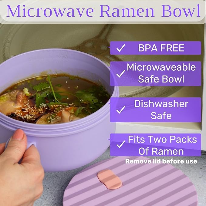 AI LOVE PEACE Ramen Bowls, 40 oz Large Microwavable Noodle Bowls (2 Purple) with Chopsticks, Sporks, and Utensil Bag, Portable Microwave Bowl for Home, Office, Dorm, or College Gift.