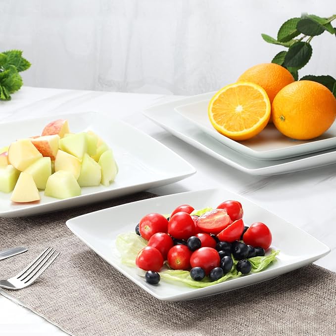 Porcelain Square Dinner Plates, 10.75 Inch Square Serving Plate for Steak, Pasta, Salad, Snacks, Pizza, Appetizer Plates, Set of 6, White