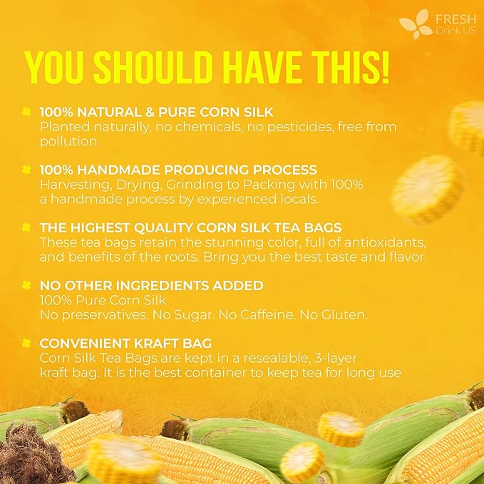 FreshDrinkUS, Premium 25 Tea Bags Corn Silk Tea, 100% Natural & Pure from Corn Silk. Herbal Tea. Clean Ingredients. Made with Natural Material Tea Bags. No Sugar, No Caffeine, Vegan.
