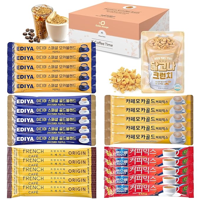CUTIE MANGO Korea Mix Coffee 25 Sticks + Dalgona Crunch | Korean Favorite Instant Coffee Sampler Assortment Packet 5 Flavors (5 Sticks Each) | Chunk Sweet Dalgona Topping Home Camping Party Office