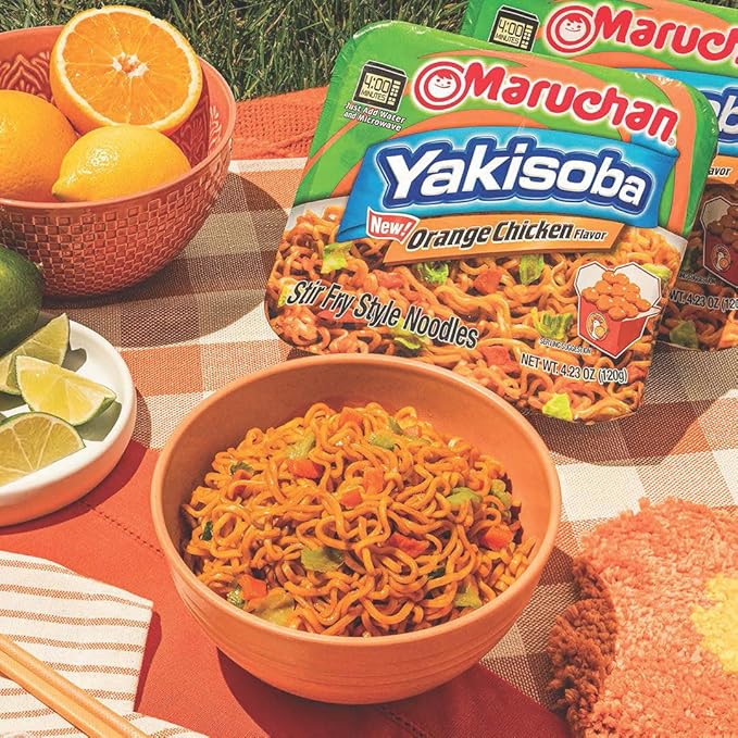 Maruchan Yakisoba, Orange Chicken Flavor – Stir-Fried Japanese Instant Ramen Noodles, High Protein Microwavable Meal – 4.23 Oz. (8 Pack)
