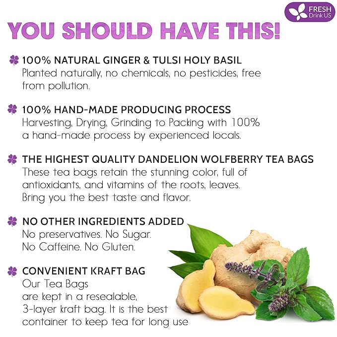 FreshDrinkUS, Premium 55 Ginger Tulsi Tea Bags, 100% Natural, Hand-made Blend of Ginger and Tulsi Holy Basil Leaves, Eco-conscious Tea Bags. Herbal Tea. No Sugar, No Caffeine, Vegan.