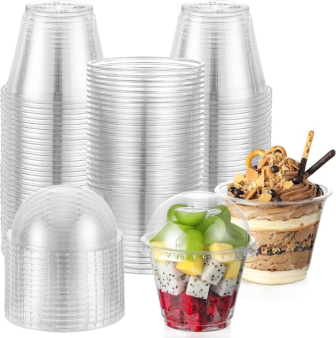 AOZITA 100 Sets, 9 oz Clear Plastic Cups with Dome Lids (No Hole) - Disposable Cups for Ice Cream,Cake,Fruit,Parfait, Dessert, Pudding and Jello Shot ﻿