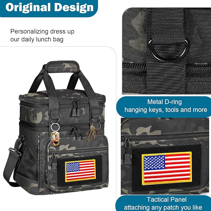 GLENKEY Tactical Lunch Box Cooler Bag - Expandable Insulated Lunch Bag for Men Women - XLarge Lunchbox for Adults Work Shifts Outdoor Trips Black Camo 22L