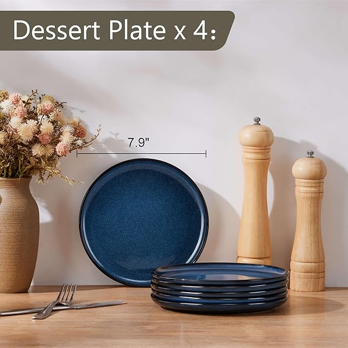 Herogo 4-Piece Stoneware Small Dinner Plates Set, 7.9" Ceramic Round Dessert Plate Set, Double Reactive Glaze Large Dinnerware Plates for Kitchen, Microwave, Oven and Dishwasher Safe, Starry Blue