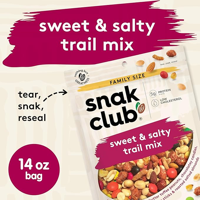 Snak Club Sweet and Salty Trail Mix with Peanuts, Butter Toffee Peanuts, Chocolatey Candies, Toasted Corn, Honey Sesame Sticks, and Almonds, Kosher Snack, 14 oz Resealable Bag