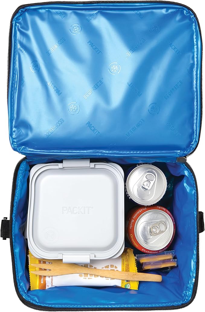 PackIt Freezable Essential Lunch Cooler, Black, Built with EcoFreeze Technology, Fully Freezable, Collapsible, Reusable, With Adjustable Crossbody Strap, Top Clip Handle, Designed for Fresh Office