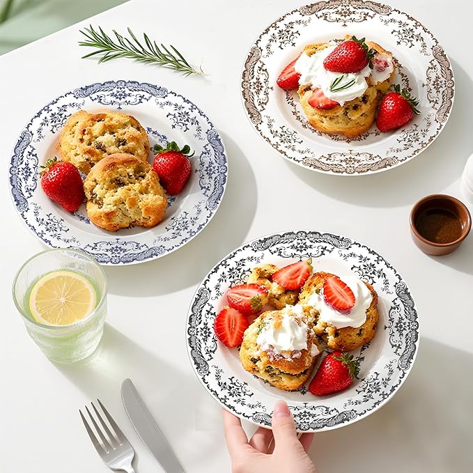 Salad Plates, Ceramic Plates Set of 6, Kitchen Plates Microwave Safe, 8.5 Inch White Plate Dessert Blue Floral