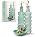 COOK WITH COLOR Glass Olive Oil Bottle Dispenser - 2 Pack- 17oz Oil and Vinegar Cruet - Olive Oil Carafe Decanter for Kitchen, Elegant Waves, Green