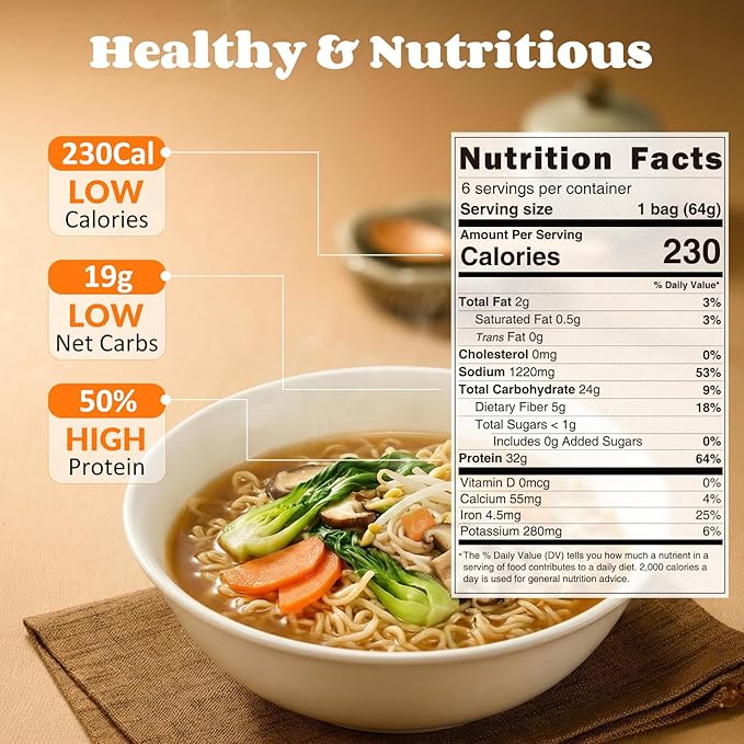 HealSpot High Protein Instant Ramen, 6 Pack Non Fried Ramen Broth, 32g Plant Based Protein, Low Fat, Low Carb, Non GMO, Keto Friendly & Plant Based(Golden-Chicken) | 50% Protein, Keto Friendly, Vegen Friendly, Healthy Quick Meal