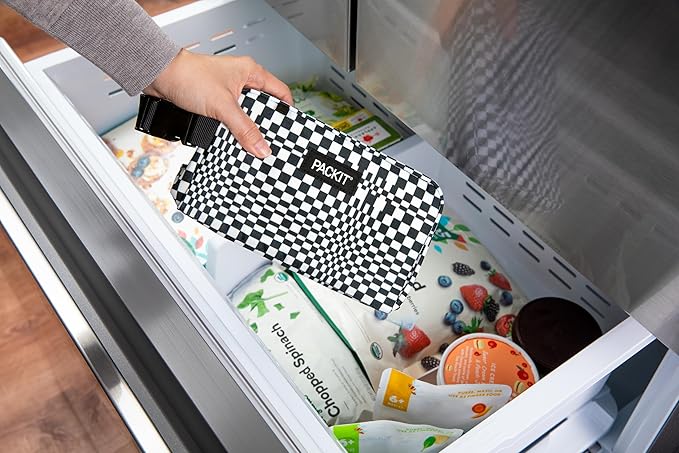 PackIt Freezable Small Insulated Snack Box, Checked Out, with EcoFreeze Technology (Built-in Ice Pack), Mini Cooler or Small Lunch Bag, For Fresh Snacks On the Go, for Work, Gym, or Travel