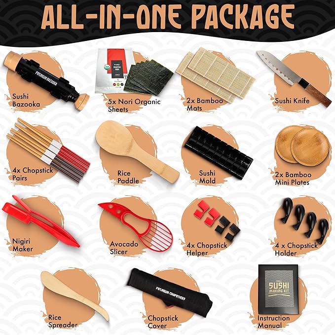 30 Pcs Sushi Making Kit – Sushi Bazooka Maker Kit with Nori Sheets for Sushi, Bamboo Rolling Mat, Easy DIY Roller Set for Beginners at Home, USDA Organic