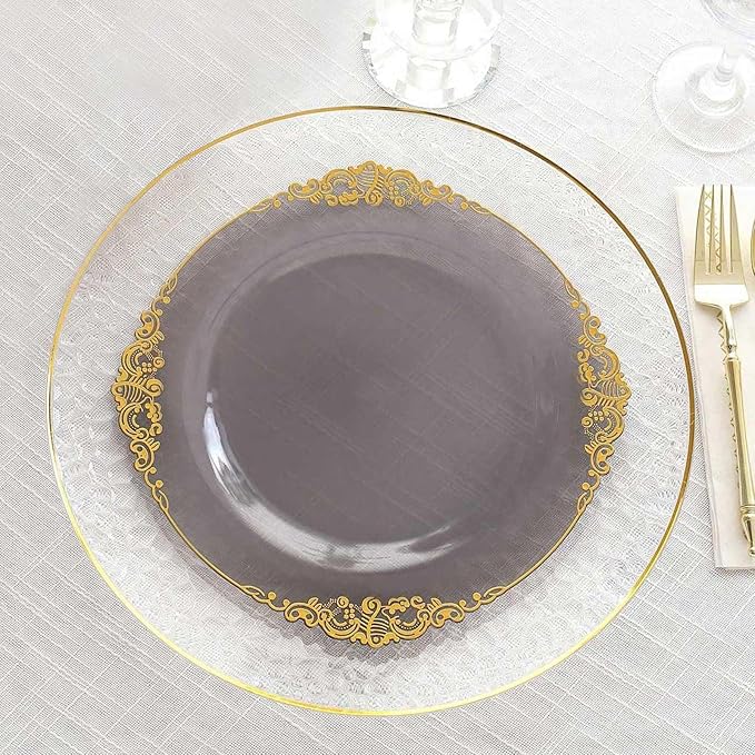 Efavormart 10 Pack | 10" Translucent Black and Gold Baroque Dinner Plates, Leaf Embossed Metallic Rim Heavy Duty Serving Plates for Modern Industrial Galas