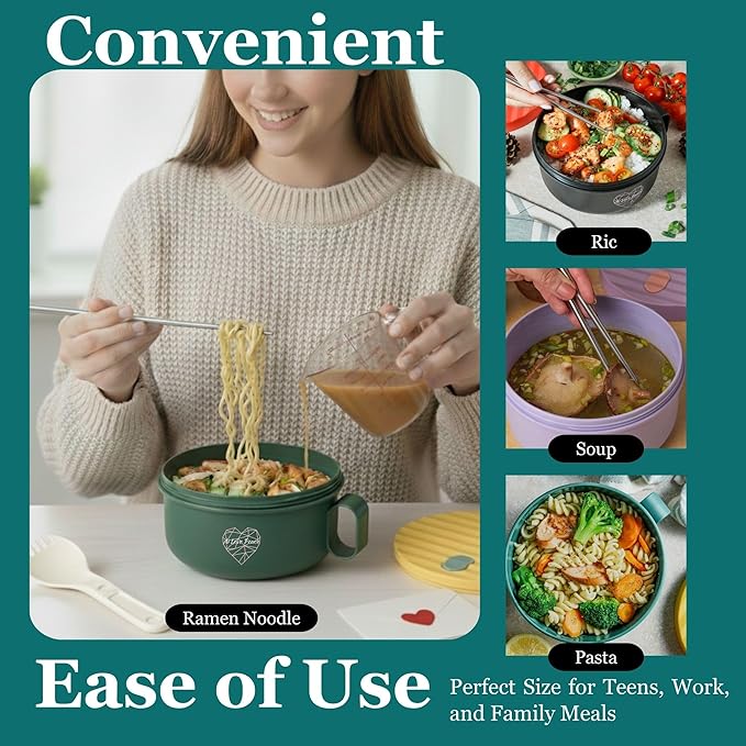 Microwaveable Ramen Noodle Bowl Cooker 40oz for Ramen, Pho, Soup, and Pasta, Dishwasher Safe and Portable, Ideal for Home, Office, Dorm, or Gift.Ai Love Peace (Green)