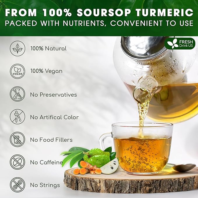 FreshDrinkUS, Premium 25 Soursop Turmeric Tea Bags, 100% Natural, Blend of Soursop Leaves, and Turmeric Root. Made with Natural Material Tea Bags. No Sugar, Vegan.