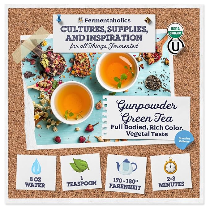 Fermentaholics Gunpowder Green Tea – 4 oz – USDA Organic Loose Leaf – OU Kosher – Great for Jun Kombucha Brewing, Hot or iced tea