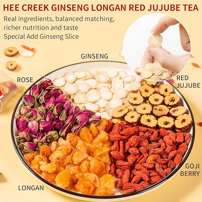 Hee Creek Ginseng Longan Red Date Tea 10.58oz / 20 Count Wolfberry Jujube Rose Herbal Blends Women Energy Tea for Cold Hands and Feet, Period Care, Warming, Nourishing, Caffeine Free 人参桂圆红枣茶 女人茶 女神茶