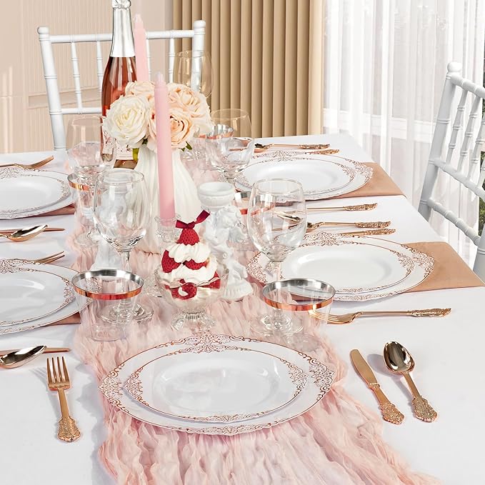 Bestluck 175PCS Rose Gold Plastic Plates for 25 Guests, Disposable Dinnerware Sets Include 50 Rose Gold Rim Plastic Plates, 25 Silverwares and 25 Cups, 25 Pre Rolled Napkins for Party, Graduation