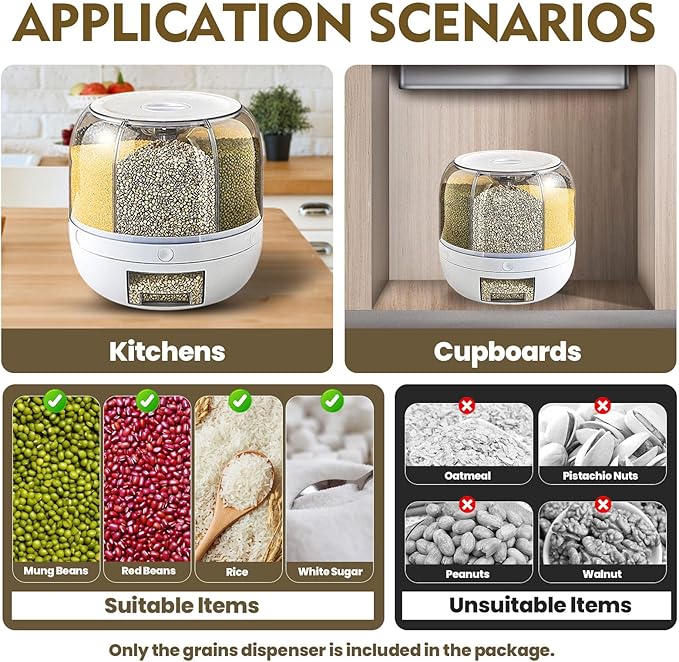 Grain Storage Container Dispenser, 6 Grids Rice Dispenser Rotating, 360° Rotating Food Dispenser One-Click Output Rice Storage Round Grain Dispenser Kitchen for Small Grains, Beans, Rice