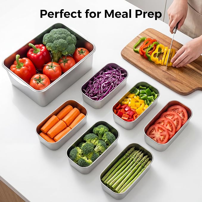 Extra Large 304 Stainless Steel Food Storage with 6 Divided Compartments & Individual Lids–240oz Meal Prep Container for Roasting Turkey, Bread, Fruits–Oven Safe, BPA Free, Dishwasher Safe