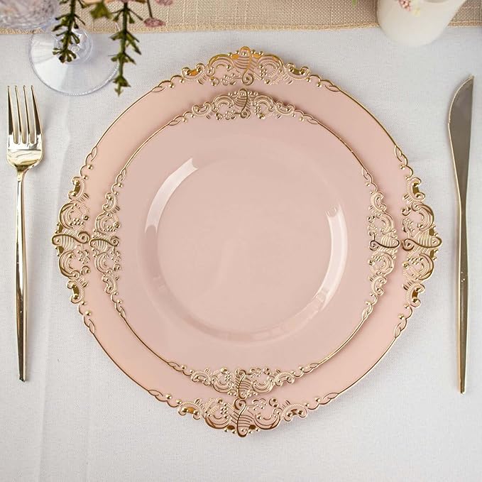 Efavormart 10 Pack | 8" Blush Rose and Gold Baroque Dessert Plates, Leaf Embossed Metallic Rim Heavy Duty Appetizer Plates for Romantic Showers