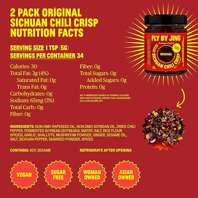 FLYBYJING Original Sichuan Chili Crisp: Premium Chili Oil w/Crunchy Garlic and Shallots - Spicy, Savory, Vegan, Sugar Free Hot Sauce - Good on Noodles, Proteins, Veggies & Everything, 6oz (Pack of 2)