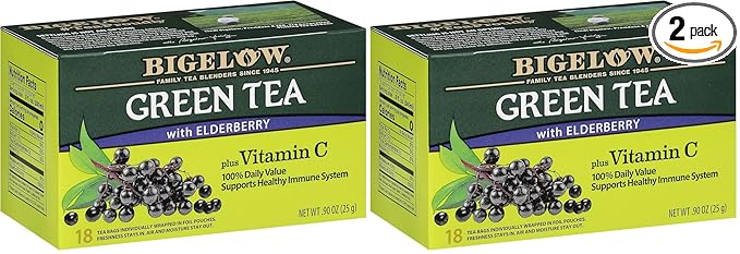 Bigelow Green Tea With Elderberry Vitamin C, Tea Bags 18 CT C 0.9 OZ (Pack of 2)