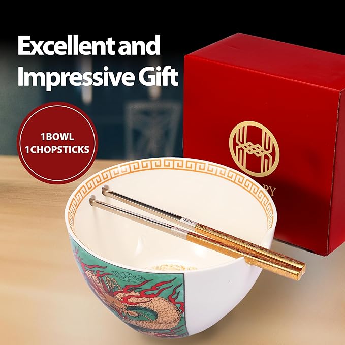 Hagary Dragon Ramen Bowl Ceramic Bowl Japanese Style Udon Miso Noodle Rice Soup Bowls with Stainless Steel Chopsticks Housewarming Wedding Gifts Designed in Korea (Gold, 20 oz)