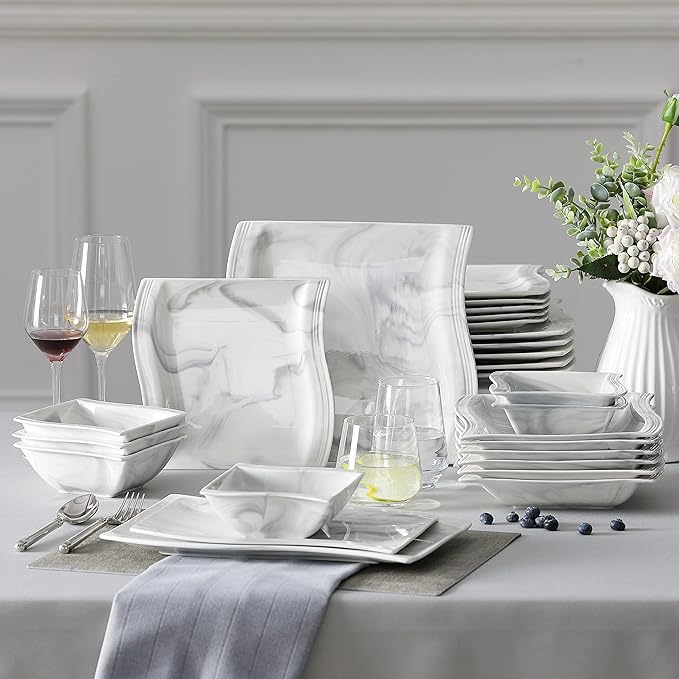 MALACASA 26-Piece Marble Grey Square Dinnerware Sets, Flora Porcelain Dinner Set for 6, Service for 6, Microwave & Dishwasher Safe, BPA, Lead & Cadmium Free