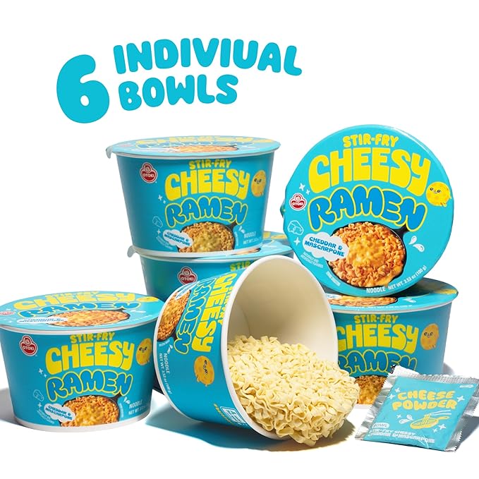 Cheesy Stir-Fry Ramen (Bowl) – Cheddar & Mascarpone Flavor | Creamy & Savory Korean Instant Noodles | 3.53 oz (Pack of 6)