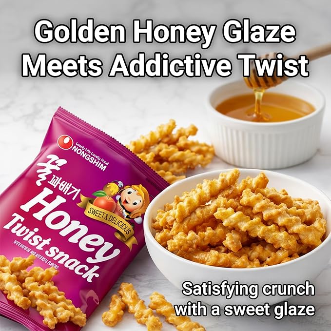 Nongshim Honey Twist Snack, Sweet Crispy Korean Snack, Acacia Honey, Twisted Crinkle Shape, Crunchy Kids Snacks, Big Size Resealable Bag, 10.05 oz (1 Pack)