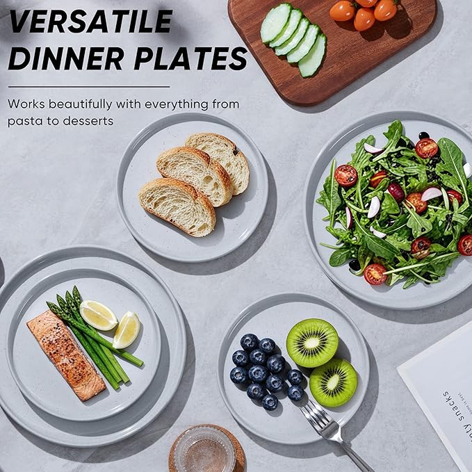 E-far 7.9 Inch Ceramic Dinner Plates, 6-Piece Stoneware Salad Plates with Raised Edges, Chip & Scratch Resistant | Microwave & Dishwasher Safe Dessert Dishes for Appetizer Salad, Speckled Gray