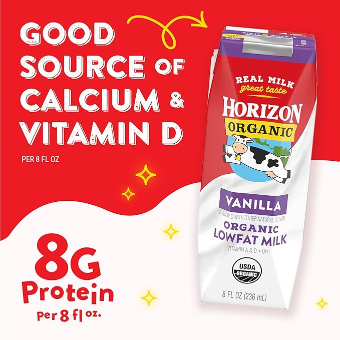 Horizon Organic Shelf Stable 1% Lowfat Vanilla Milk Boxes, Pack of 12 - 8g Protein per Serving