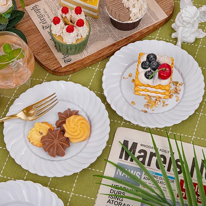 U-QE 100 Pieces White Plastic Plates - 6 Inch White Disposable Plates - Washable & Reusable - Premium Hard Dessert Plates - Party Supplies for Birthdays, Celebrations, Travel, Wedding,Party and Events