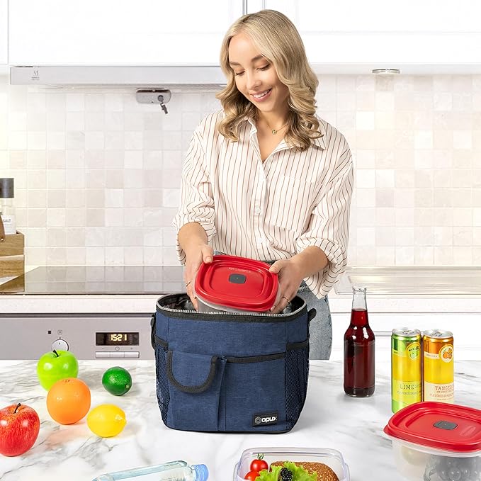 opux Insulated Lunch Box for Men Women Kids, Leakproof Reusable Lunch Bag Cooler for Work School Office, Soft Thermal Lunchbox Tote Shoulder Strap for Boys Girls Adults, Heather Navy, 18 Can/10L