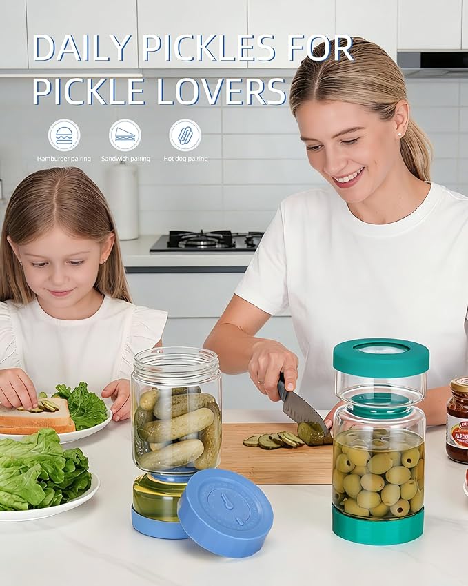 ZENS Pickle Jar with Strainer Flip, 37 oz Hourglass Pickle Juice Separator Container, Airtight Leakproof Lid, 2 Pack Pickling Jars for Olive, Jalapeno Container-Dual Wet-Dry Design