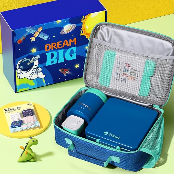Fimibuke Kids Bento Snack Lunch Box with 4 Compartment, Insulated Lunch Bag, Stainless Steel Vacuum Thermo Food Jar, Ice Pack, Utensils Set, Birthday Gifts for Age 3-12 Back to School Toddler Girl Boy