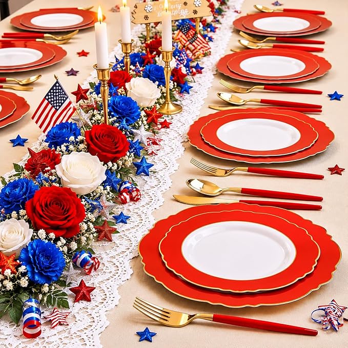WDF 60pcs Red Plastic Plates with Gold Rim - 10.25inch Red Dinner Plates Disposable Plates for Mother's Day Wedding Party Birthday/Memorial Day/4th of July