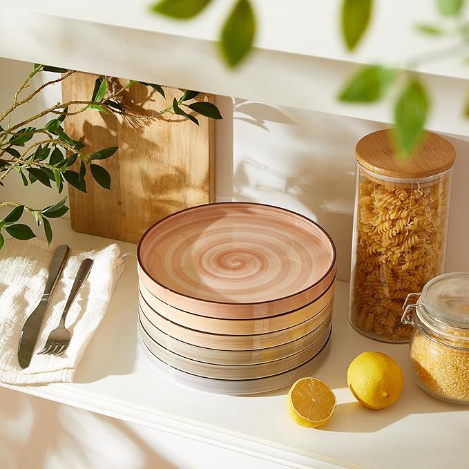 Sweese 7.8 Inch Porcelain Dessert Plates Set of 6 - Gradient Salad Plates, Microwave & Dishwasher Safe, Scratch-Resistant, Elegant High-Edge Design for Appetizers, Cakes, Pasta - Neutral