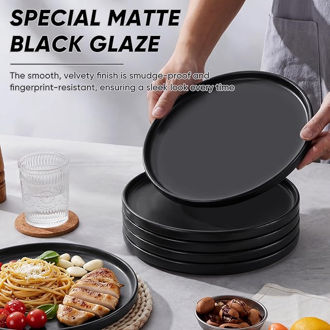 E-far Dinner Plates Set of 6, 10.5 Inch Stoneware Dinner Plate with Raised Edges, Chip & Scratch Resistant | Microwave & Dishwasher Safe Modern Ceramic Dishes for Dessert Salad, Matte Black