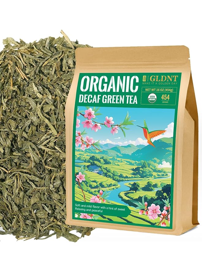 GLDNT Organic Decaf Green Tea, Organic Decaffeinated Green Tea Loose leaf, Delicate & Smooth Flavor, Hot & Iced Tea, 16 Ounce