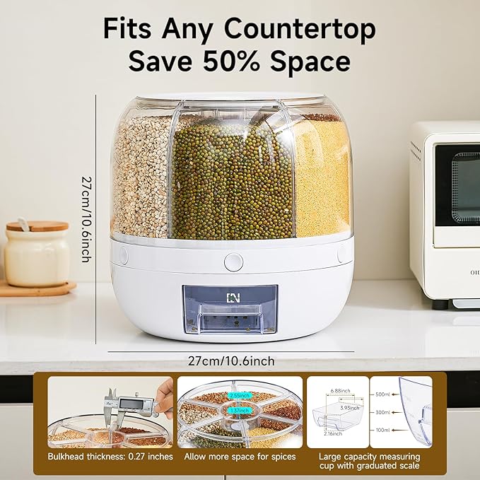 UFORU Rice Dispenser | 360° Rotating Grain Storage Bin - 6 Grids, 20LBS Large Capacity Food Container, Moisture-Proof, One-Click Output for Rice, Beans & Pet Food - Kitchen Pantry Organizer